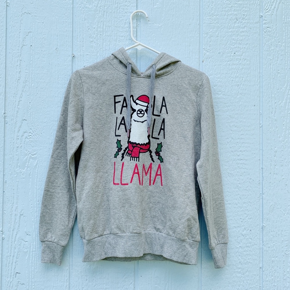 Gray Festive Llama Drawstring Hoodie